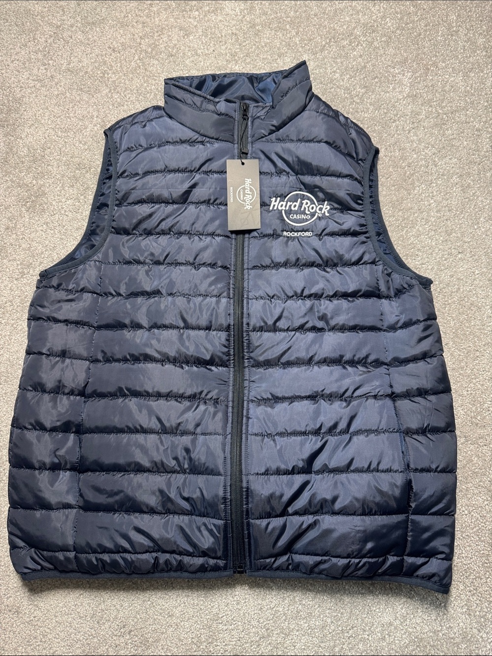 Hard Rock Cafe Navy Quilted Puffer Vest - Rockford Logo Size L